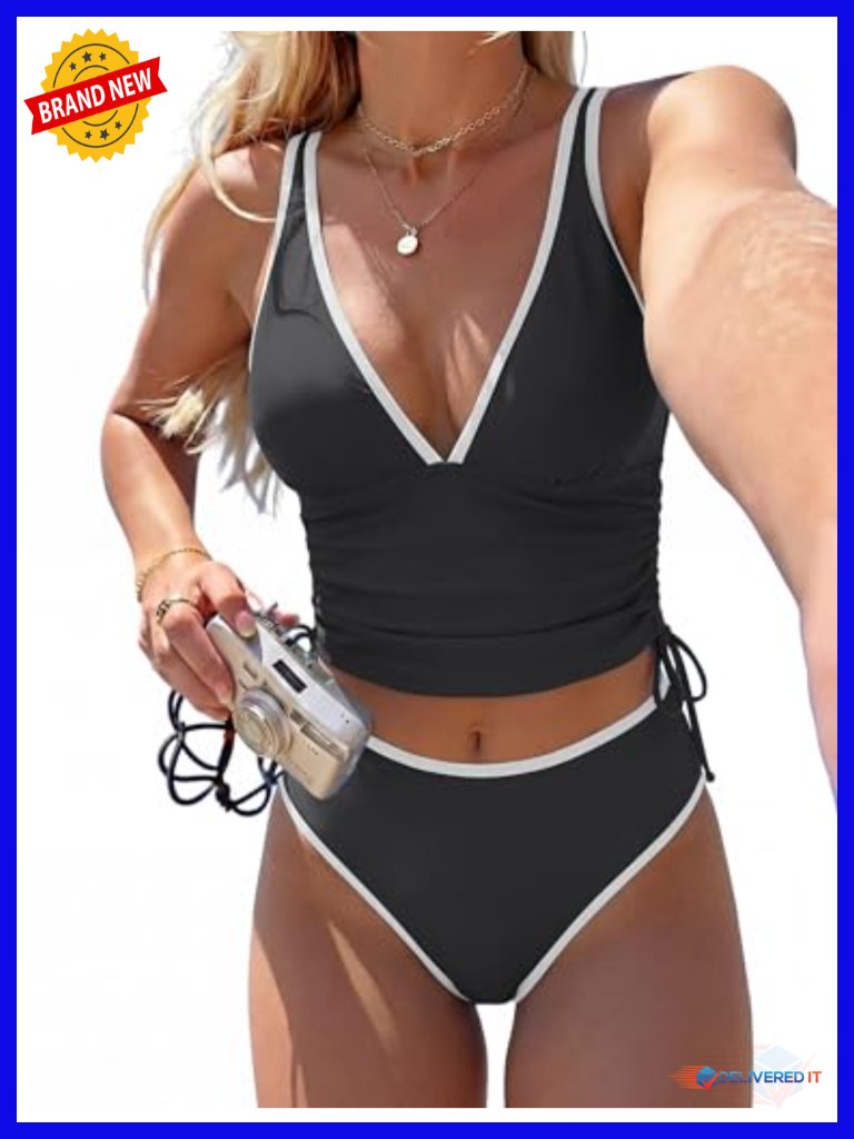 Tankini Swimsuits Tummy Control Two Piece Drawstring V Neck Swim Top With High